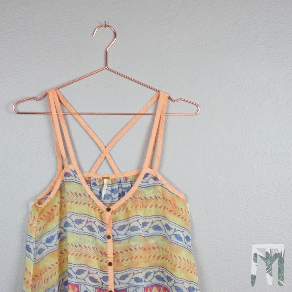 Free People Floral Sheer Button Up Tank Top